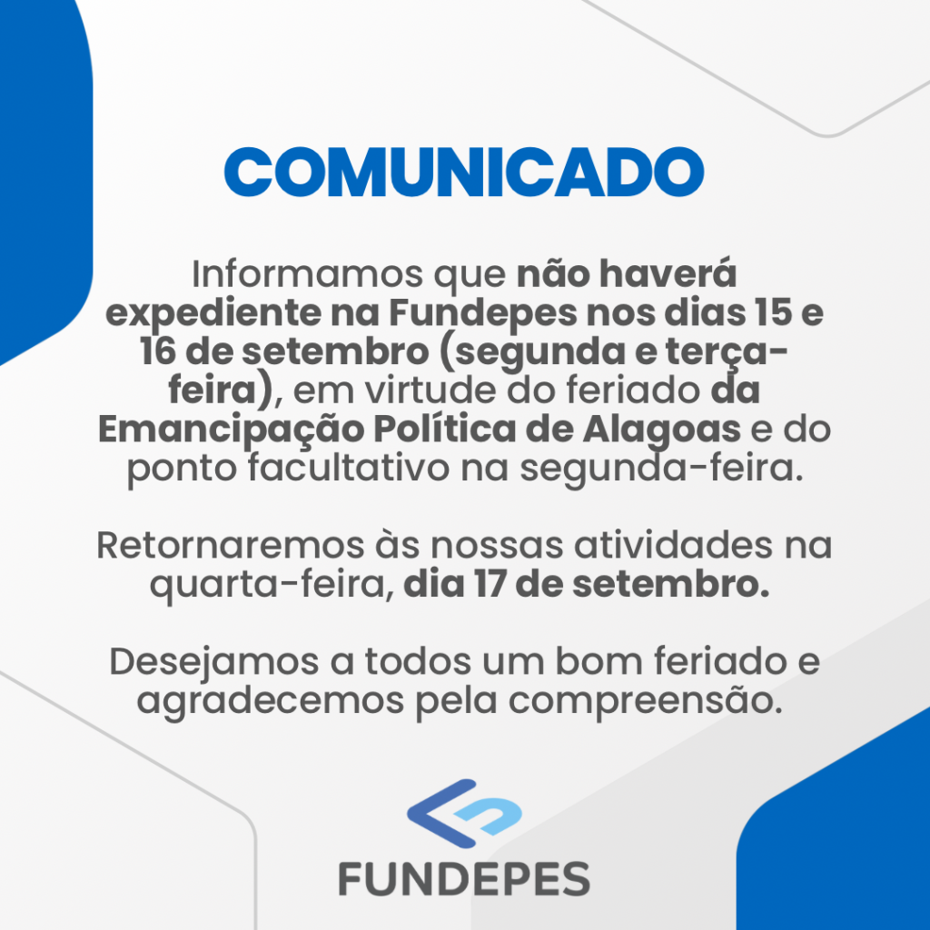 Comunicado Feriado dia 15 e 16 de setembro